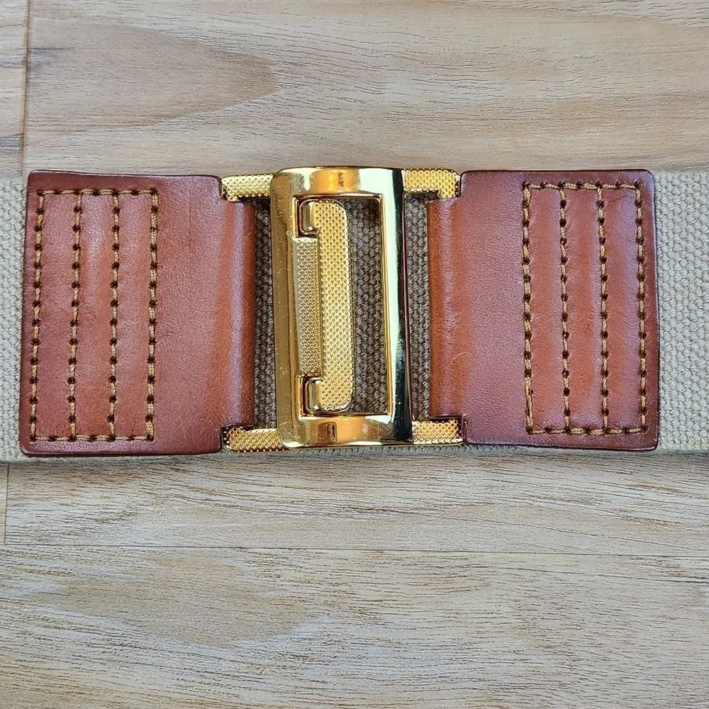 💜Tan w/Gold Toned Interlocking Buckle Wide Elastic Belt
